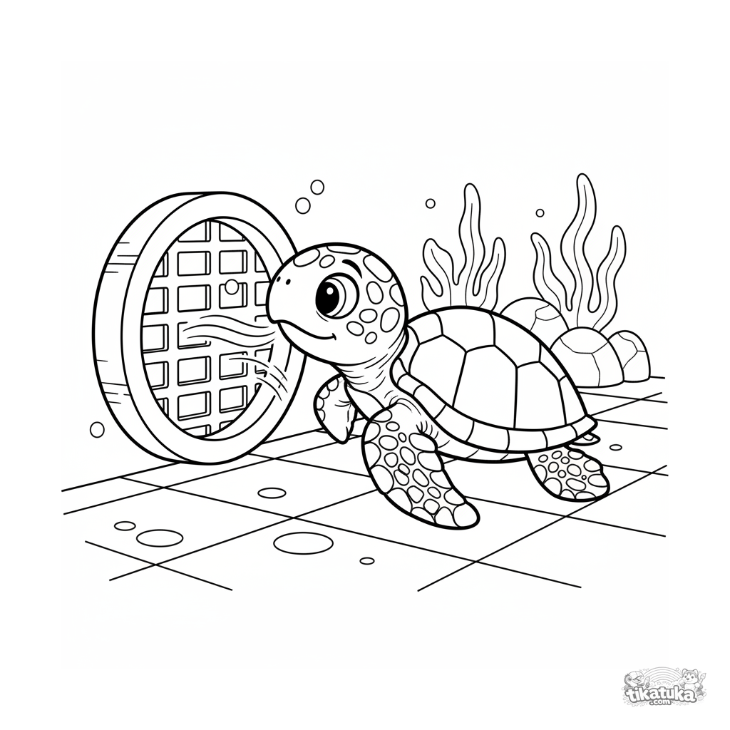 Baby-Schildkröte erkundet einen Poolfilter