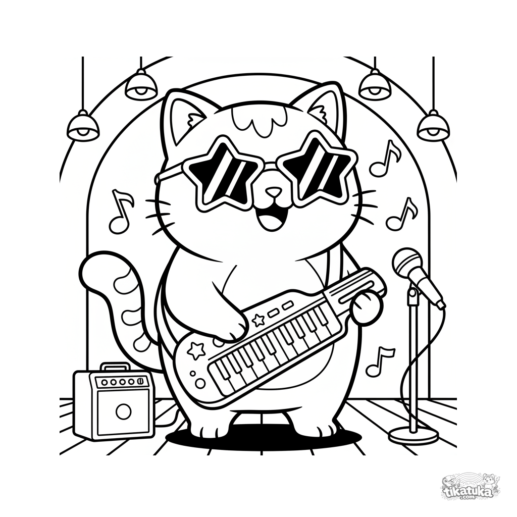 Kawaii-Katze mit Keytar auf der Bühne