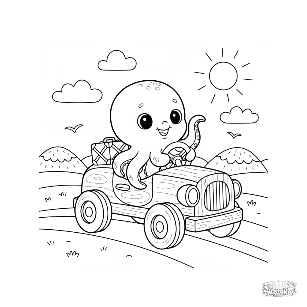 Oktopus Bublik Fährt ein Spielzeugauto