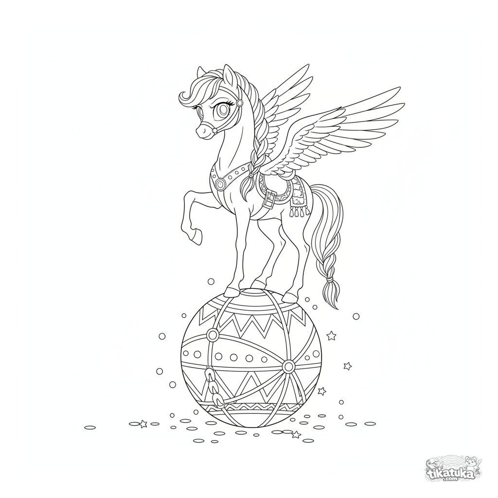 Pegasus-Pony balanciert auf einer Bühnenkugel
