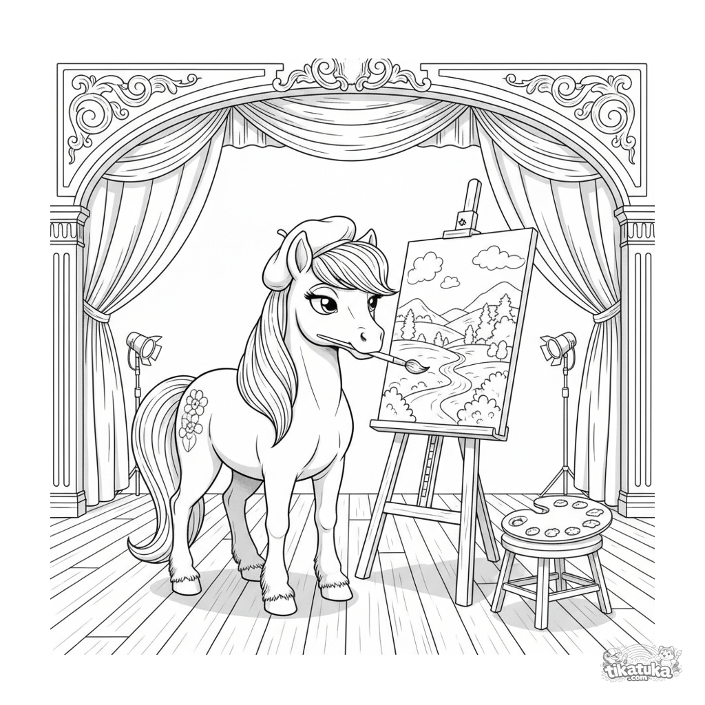 Bühnen-Pony-Malerin an der Staffelei