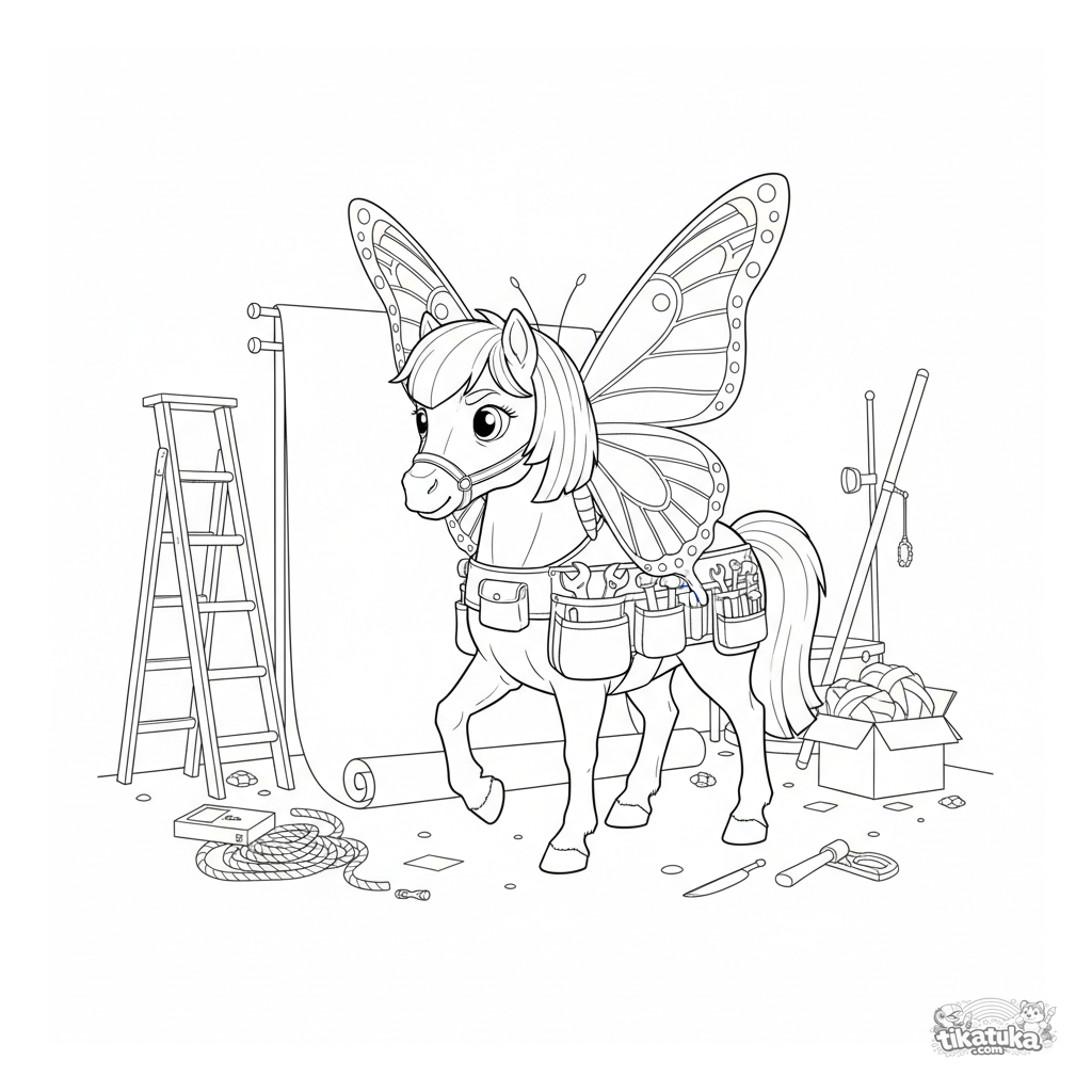 Bühnenarbeiter-Pony bewegt riesige Requisiten-Schmetterling