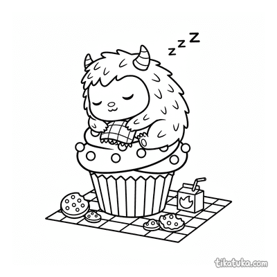 Winziges Monster Schläft auf Cupcake