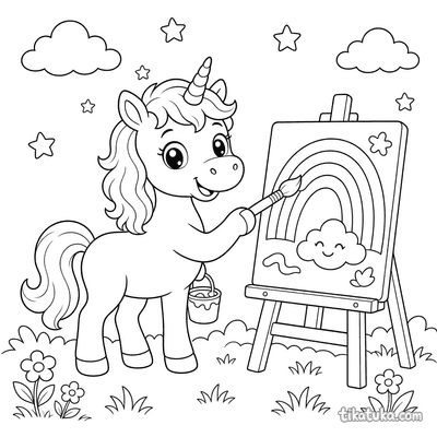 Einhorn malt auf einem Regenbogen