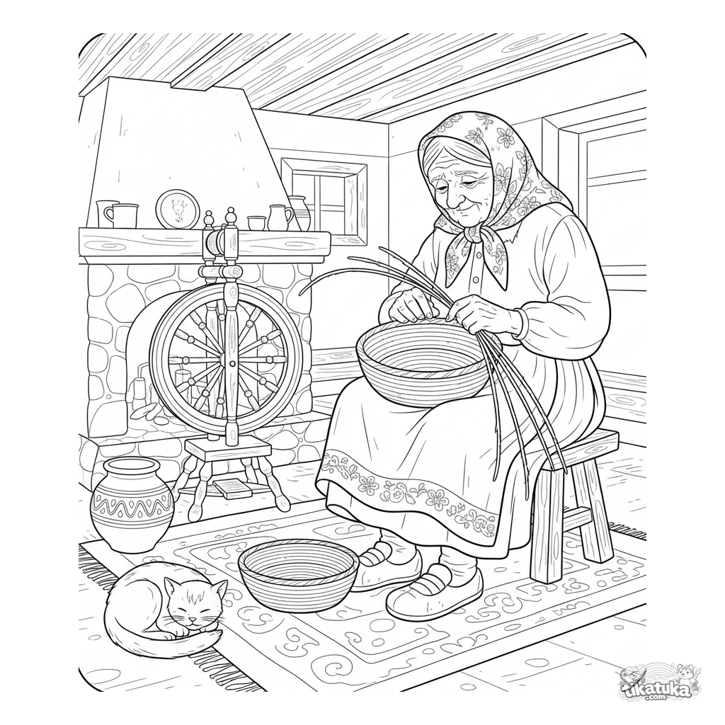 Oma flechtet einen Korb in der Hütte