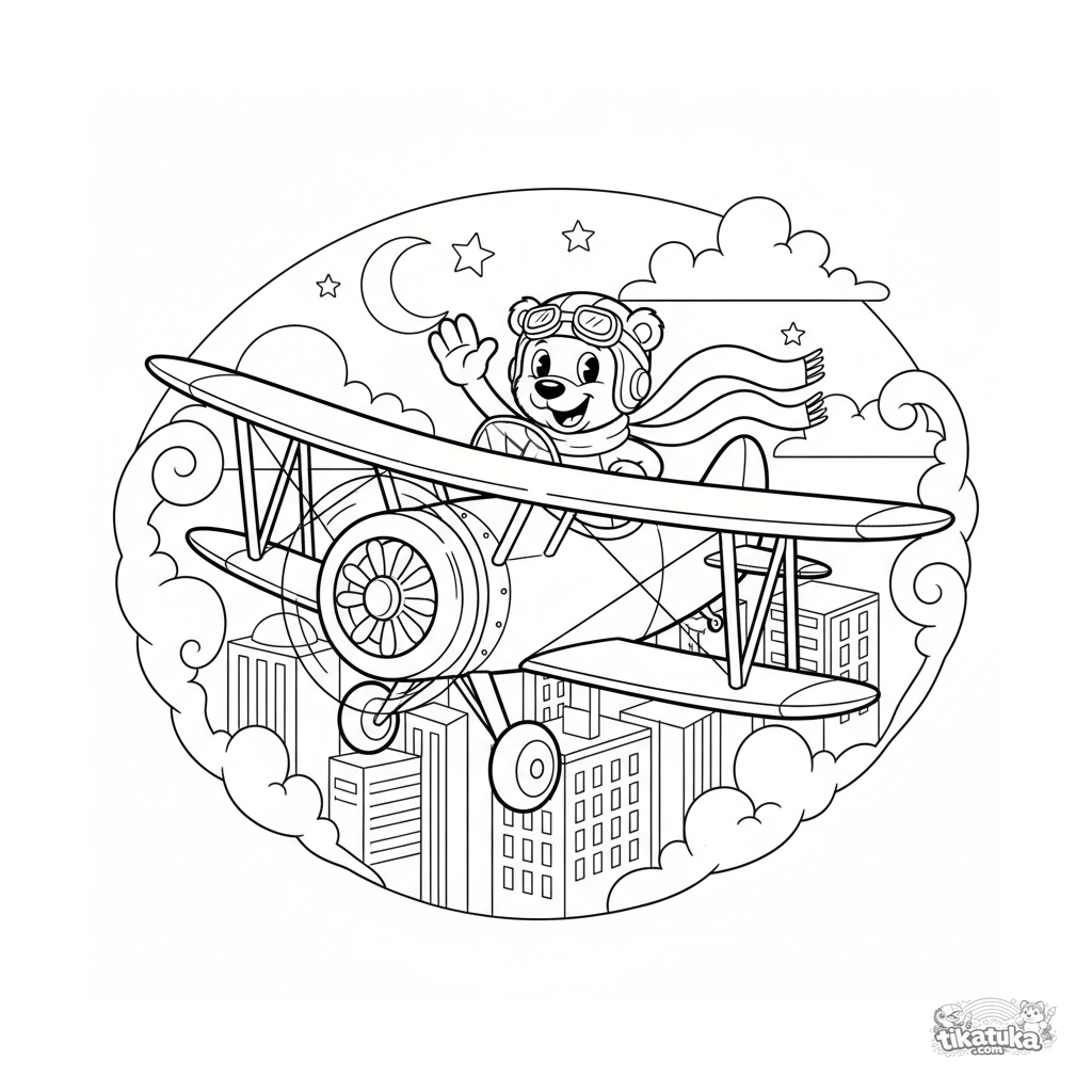 Vintage-Doppeldecker über der Stadt