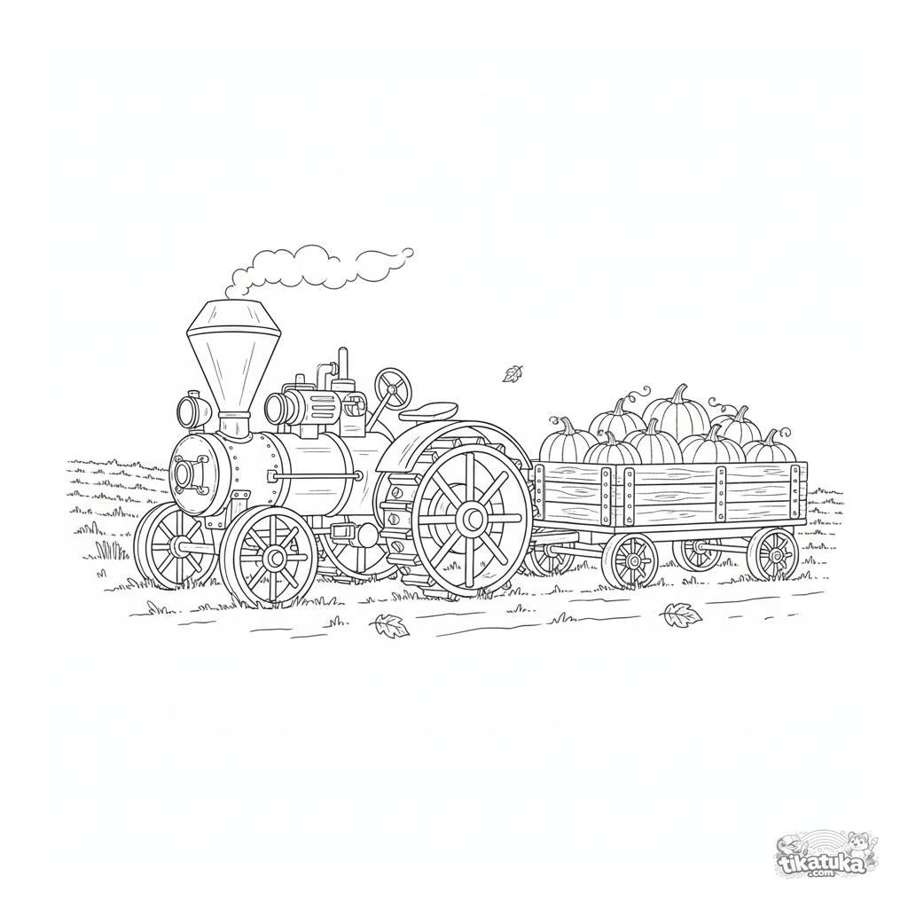 Alter Dampftraktor mit einem Anhänger voller Kürbisse