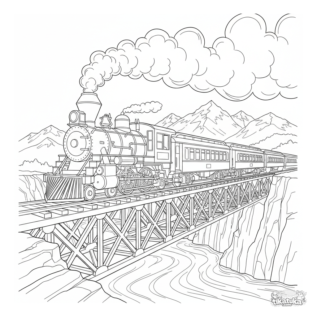 Alte Dampflok überquert Eisenbrücke