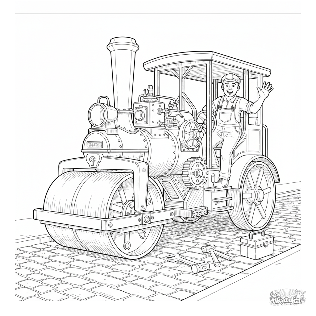 Alte Dampfwalze auf Kopfsteinpflaster